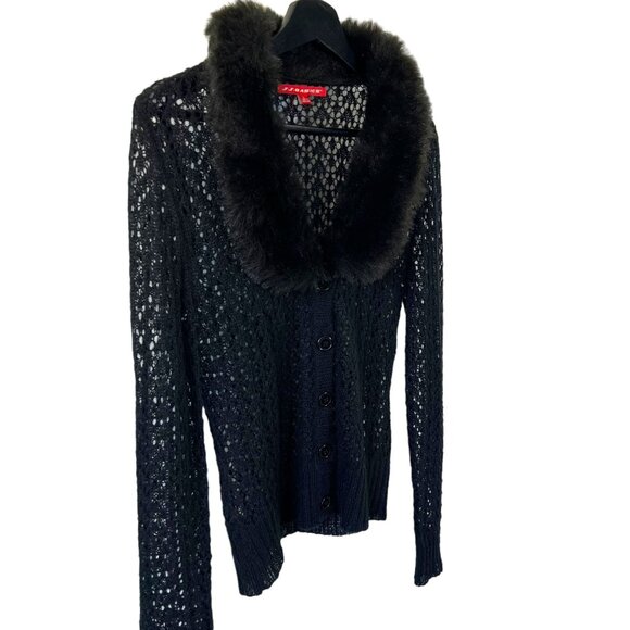 Vintage 90s Black Crochet Faux Fur Trim Ramie Mohair Blend Button Up Cardigan La - Picture 2 of 8